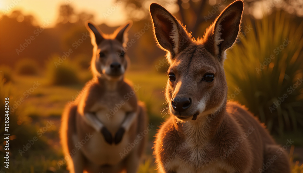 Two kangaroos sharing a peaceful moment at sunset in Australian landscape Two kangaroos sharing a peaceful moment at sunset in Australian landscape