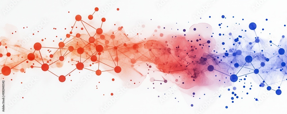 Obraz premium Quantum computing of cryptography concept. A vibrant abstract design featuring interconnected dots and lines in red and blue hues, symbolizing connection and data flow.
