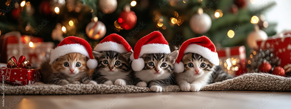 Christmas Kittens With Santa Hats And Ornaments Festive Background Christmas Kittens With Santa Hats And Ornaments Festive Background
