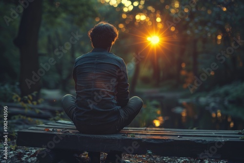 A man sits on a wooden bench in a forest, gazing at a serene sunset with beams of sunlight filtering through the trees, creating a peaceful and reflective atmosphere. photo