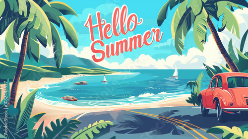 Vibrant coastal landscape welcoming summer with classic car, lush palm trees, and serene ocean waves under a bright blue sky