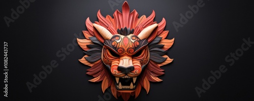A vibrant, intricately designed lion mask, featuring bold colors and detailed patterns, set against a dark background, showcasing artistic craftsmanship.