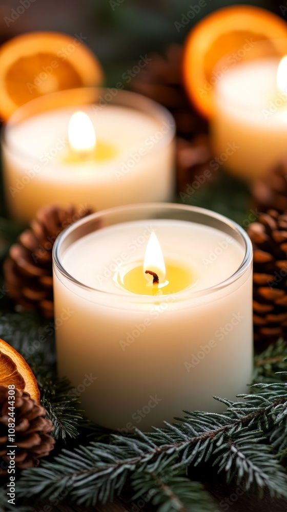 Winter solstice ritual with lit aroma candles and evergreen wreath creating a cozy and reflective atmosphere Winter solstice ritual with lit aroma candles and evergreen wreath creating a cozy and reflective atmosphere