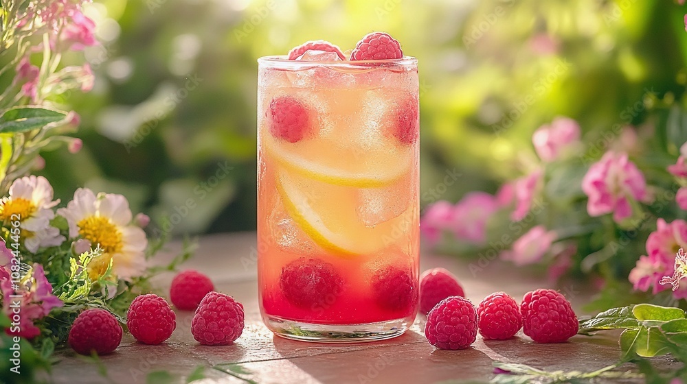 Iced Raspberry Lemon Tea on Garden Patio with Fresh Blooms Iced Raspberry Lemon Tea on Garden Patio with Fresh Blooms