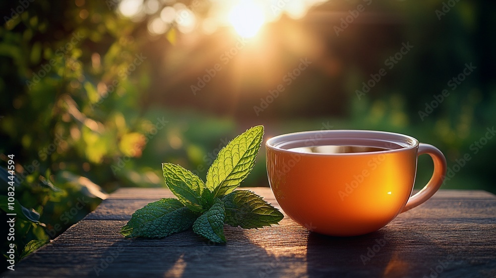 Ginger and Mint Herbal Tea in a Cup on Wooden Table Ginger and Mint Herbal Tea in a Cup on Wooden Table