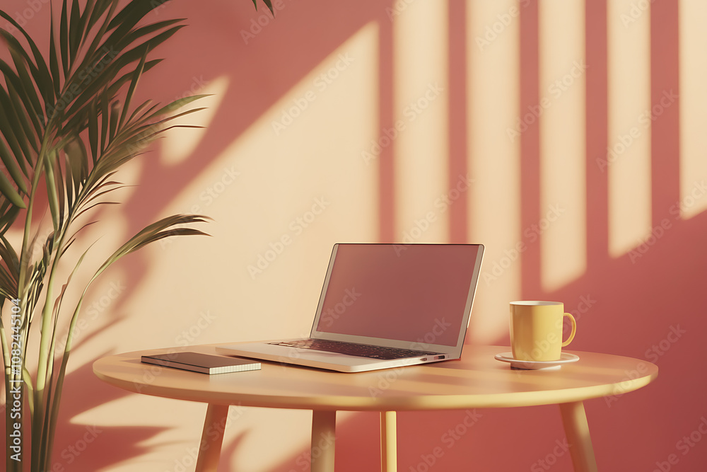 A minimalist photo of a table with an laptop, a cup of coffee, and a planner, set against a backdrop of soft, muted colors, creating a clean and peaceful workspace. A minimalist photo of a table with an laptop, a cup of coffee, and a planner, set against a backdrop of soft, muted colors, creating a clean and peaceful workspace.