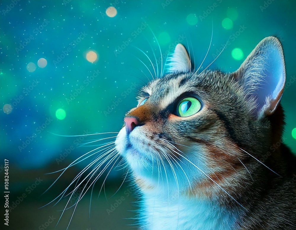 A cat looking up at the winter aurora sky