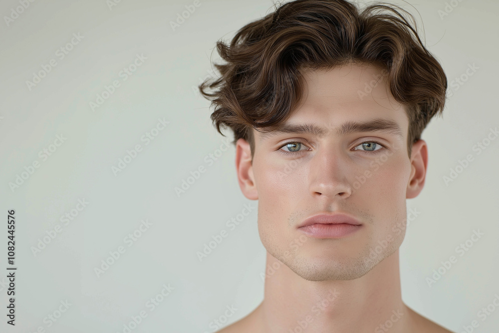 25-year-old handsome male model with blue eyes of European appearance on the right. Kind facial expression on a light background. Advertising banner 25-year-old handsome male model with blue eyes of European appearance on the right. Kind facial expression on a light background. Advertising banner
