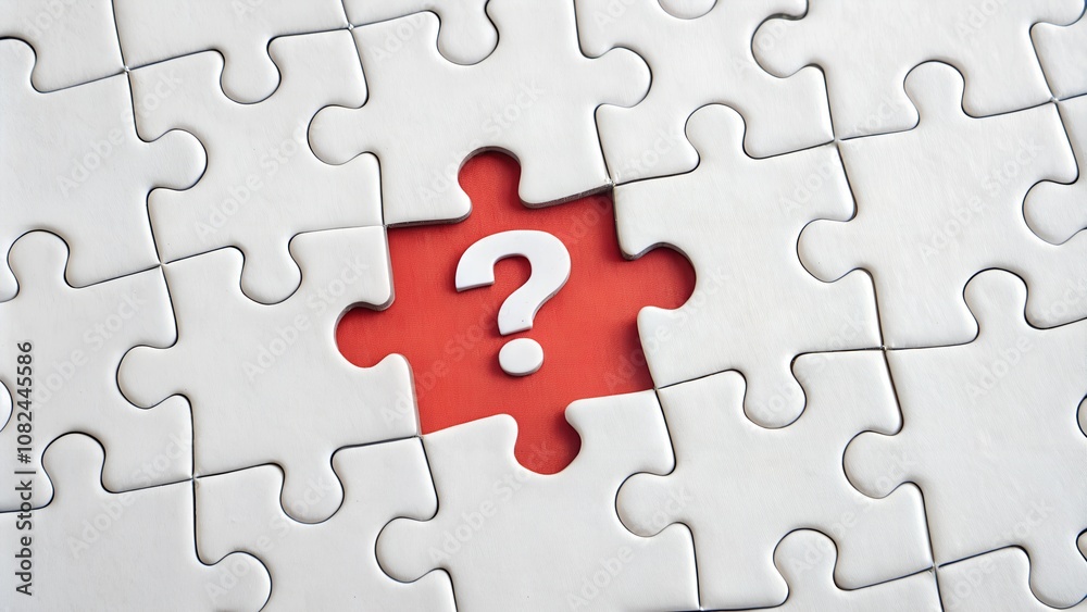 Missing Puzzle Piece with Question Mark - Problem Solving and Business Challenge Concept in White and Red Missing Puzzle Piece with Question Mark - Problem Solving and Business Challenge Concept in White and Red
