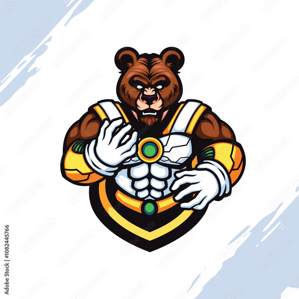 Obraz premium Brown Bear Grizzly wears White Futuristic Armor Vector Mascot Logo