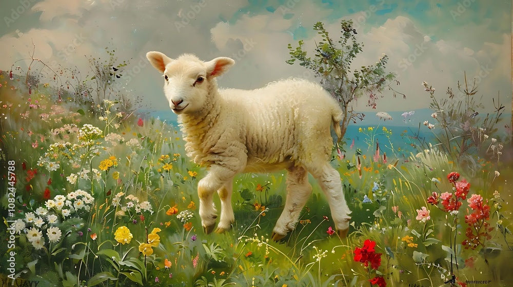 Cute Lamb in a Field of Flowers Cute Lamb in a Field of Flowers