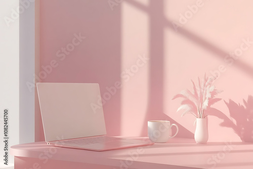 Wallpaper Mural A minimalist photo of a table with an  laptop, a cup of coffee, and a planner, set against a backdrop of soft, muted colors, creating a clean and peaceful workspace. Torontodigital.ca