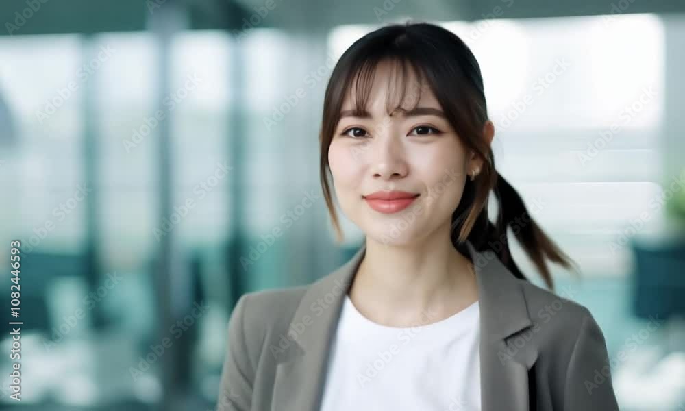 Woman walking through the office with a smile on her face Woman walking through the office with a smile on her face