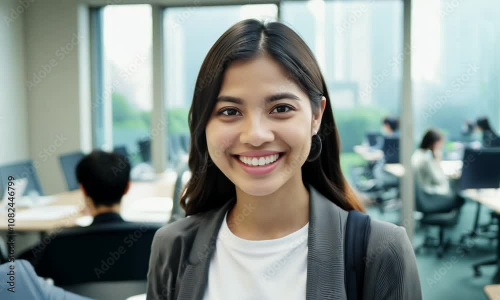 Woman walking through the office with a smile on her face Woman walking through the office with a smile on her face