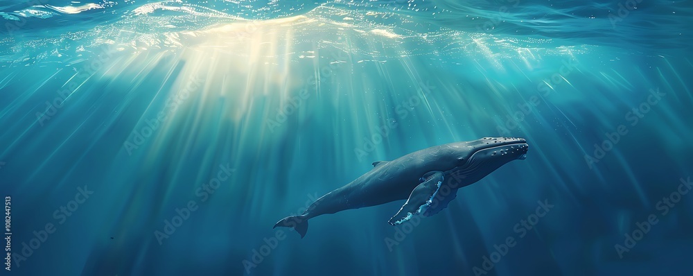 Humpback Whale Swimming Through Sunbeams in the Ocean Humpback Whale Swimming Through Sunbeams in the Ocean