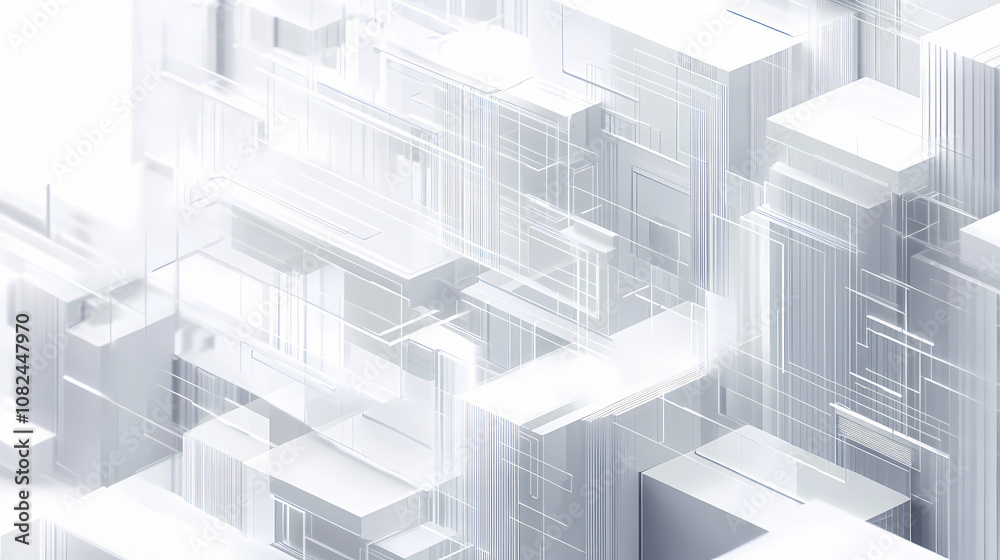 Minimalist futuristic background featuring intricate white geometric lines, shapes, and patterns, evoking a sense of advanced technology and modern corporate sophistication. Futurity. Illustration