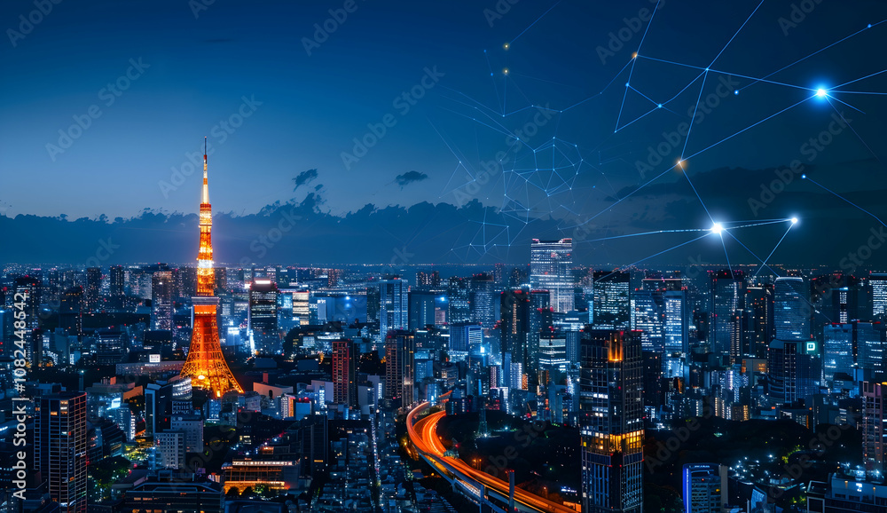 Naklejka premium A cityscape at night with glowing lines of digital connections linking buildings across the landscape, symbolizing modern technology and global connectivity