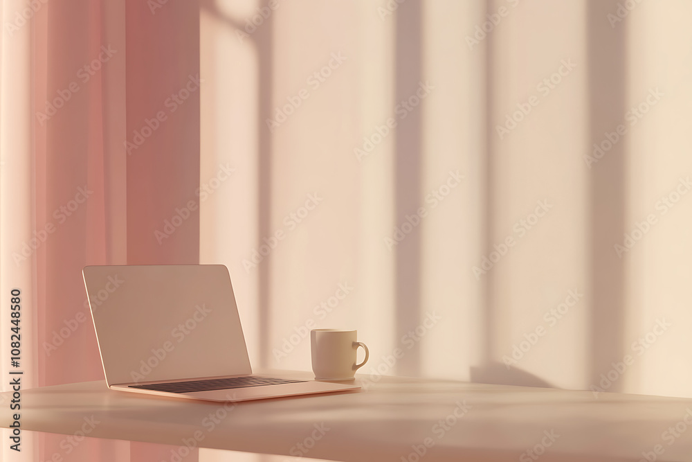 A minimalist photo of a table with an unbranded laptop, a cup of coffee, and a planner, set against a backdrop of soft, muted colors, creating a clean and peaceful workspace. A minimalist photo of a table with an unbranded laptop, a cup of coffee, and a planner, set against a backdrop of soft, muted colors, creating a clean and peaceful workspace.