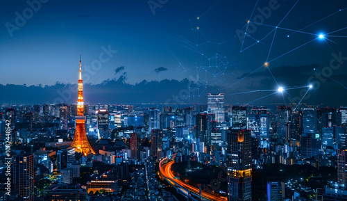 A cityscape at night with glowing lines of digital connections linking buildings across the landscape, symbolizing modern technology and global connectivity photo