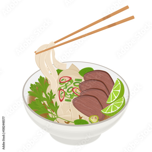 Vector Illustration Logo Clipart Ready to eat Vietnamese rice noodles with beef or Pho Noodles Pho bo
