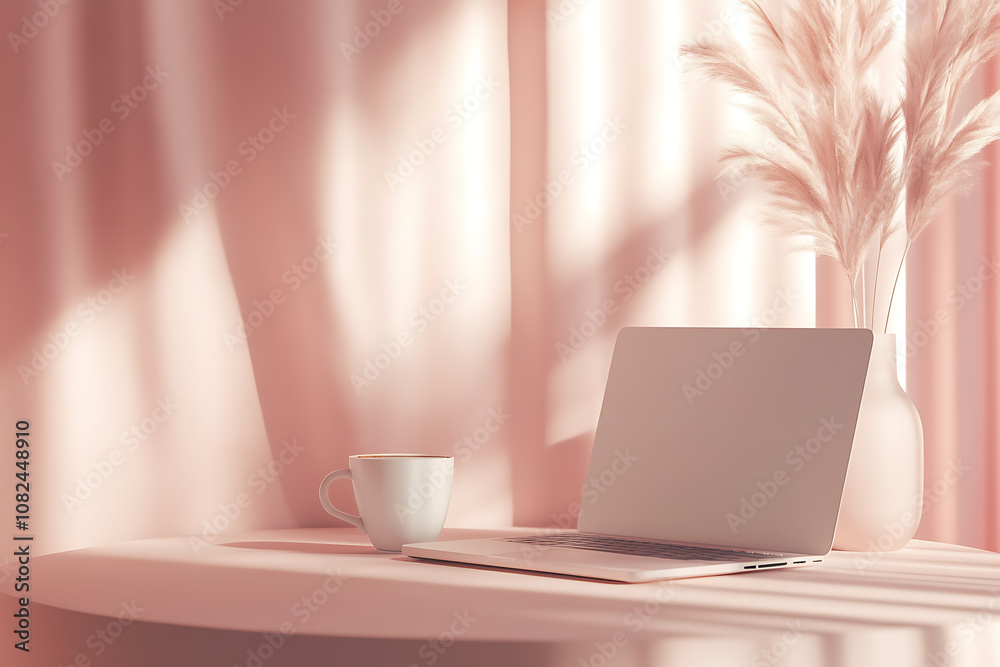 A minimalist photo of a table with an unbranded laptop, a cup of coffee, and a planner, set against a backdrop of soft, muted colors, creating a clean and peaceful workspace. A minimalist photo of a table with an unbranded laptop, a cup of coffee, and a planner, set against a backdrop of soft, muted colors, creating a clean and peaceful workspace.