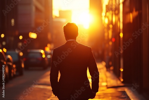 Businessman seen from behind walking in a vibrant city street, warm sunset, elegant suit, gentle evening light, medium close-up 8