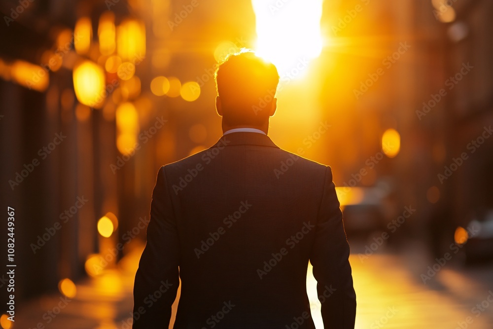 Businessman seen from behind walking in a vibrant city street, warm sunset, elegant suit, gentle evening light, medium close-up 2 Businessman seen from behind walking in a vibrant city street, warm sunset, elegant suit, gentle evening light, medium close-up 2
