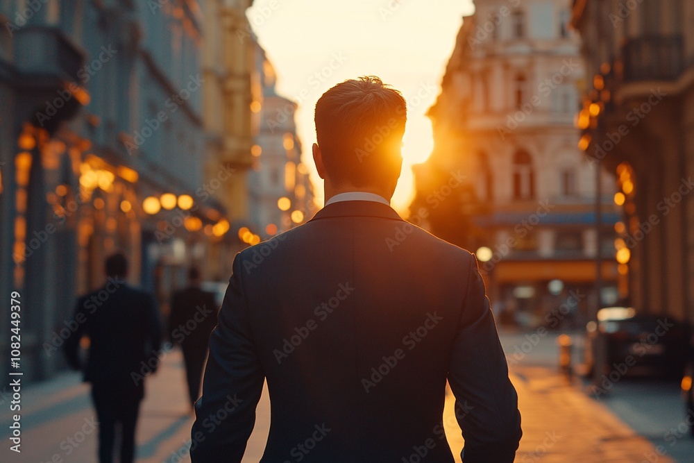 Businessman seen from behind walking in a vibrant city street, warm sunset, elegant suit, gentle evening light, medium close-up 6 Businessman seen from behind walking in a vibrant city street, warm sunset, elegant suit, gentle evening light, medium close-up 6