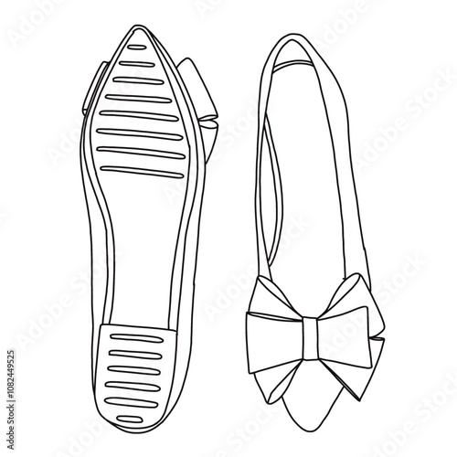 Women's Ballet Flat Shoes Line art, Technical sketch hand drawing outline vector doodle top and bottom view isolated on white background
