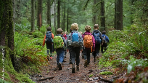 Children hiking with a guide through a forest, learning about different trees and animals