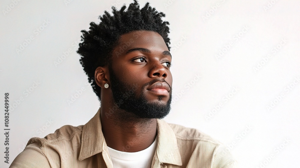 Obraz premium Serious Black Man in Casual Outfit Posing Thoughtfully Against a Light Background, Capturing Introspection and Style