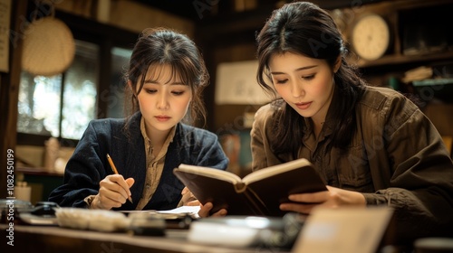 Two Women Engaged in a Study Session in a Cozy Workshop, Surrounded by Books and Tools, Focused on Learning and Collaboration in a Rustic Environment