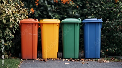 Four colorful recycling bins lined up in front of green bushes.