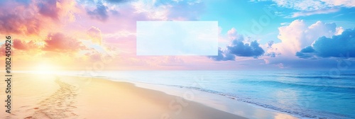 A serene beach scene at sunset, featuring soft colors and gentle waves.