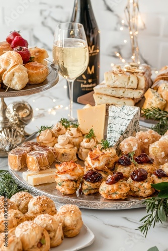 Elegant Celebration Spread Featuring Festive Canapés and Gourmet Delicacies for Special Occasions with Sparkling Beverage and Decorative Elements