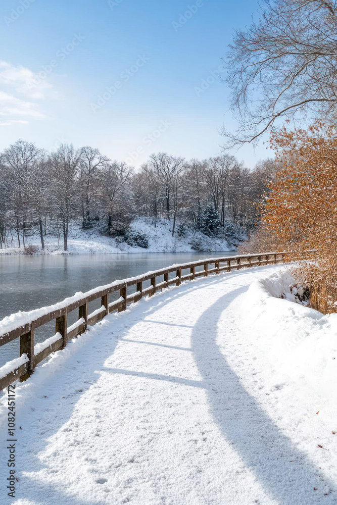 View of lake in winter with path and heavy snow
