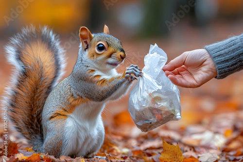 Squirrel Taking Plastic Waste Environmental Message photo