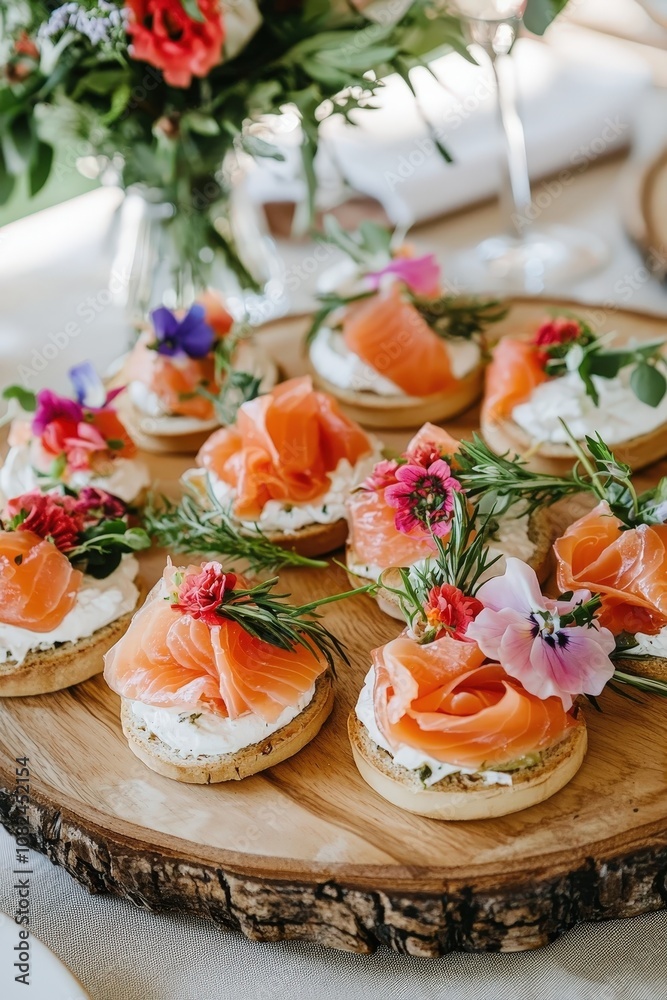 Beautifully Arranged Wooden Platter Filled with Fresh Salmon, Cream Cheese, and Colorful Edible Flowers for an Elegant Culinary Presentation Beautifully Arranged Wooden Platter Filled with Fresh Salmon, Cream Cheese, and Colorful Edible Flowers for an Elegant Culinary Presentation