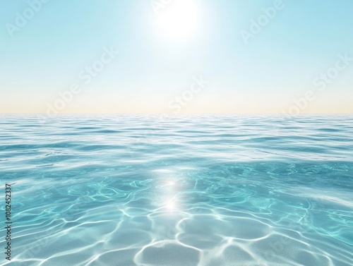 A serene seascape featuring calm, clear water under a bright sun.