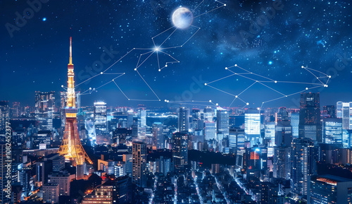 A cityscape at night with glowing lines of digital connections linking buildings across the landscape, symbolizing modern technology and global connectivity photo