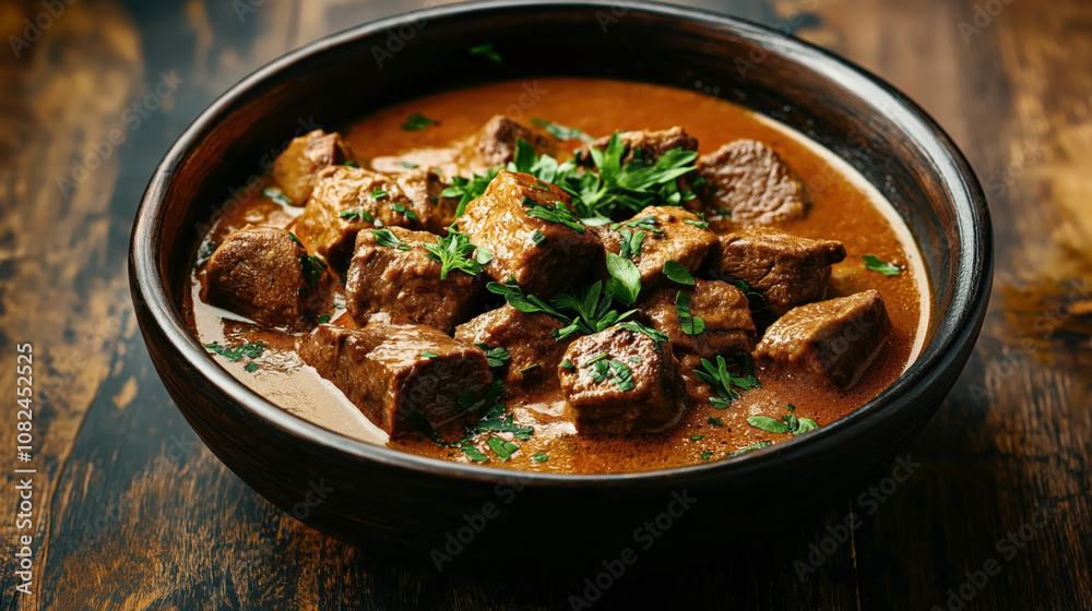 Hearty beef stew in a rustic bowl garnished with fresh herbs on a wooden table Hearty beef stew in a rustic bowl garnished with fresh herbs on a wooden table