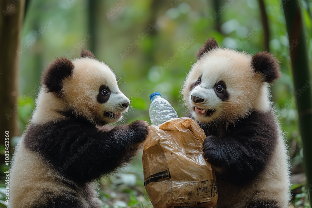 Obraz premium Pandas Sorting Recyclable Waste