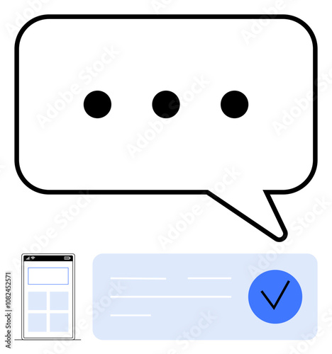 Speech bubble with ellipsis, mobile phone interface and completed checklist with blue checkmark. Ideal for communication, messaging apps, chat, feedback, surveys, notifications user interfaces. Line