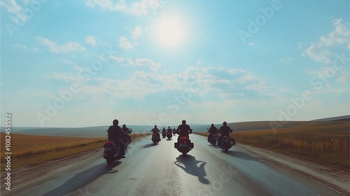 Tribe of Mentors of a group of motorcyclists riding together on an open road, symbolizing community and shared guidance, with a wide blue sky above. photo