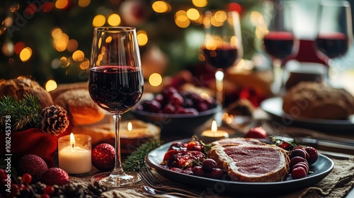 Holiday Dinner Table with Roasted Meats, Bread, and Wine, Surrounded by Festive Lights.