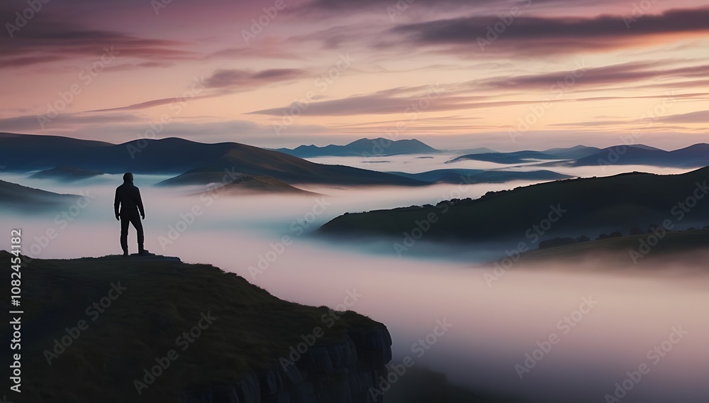 Solitary Figure Standing on a Mountain Ridge Overlooking a Fog-Covered Valley at Sunset