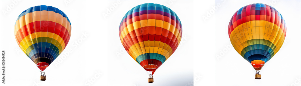 Obraz premium Three colorful hot air balloons, each with unique striped patterns, float against a white backdrop.