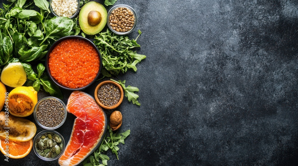 A vibrant arrangement of fresh ingredients for healthy cooking and meal preparation. A vibrant arrangement of fresh ingredients for healthy cooking and meal preparation.