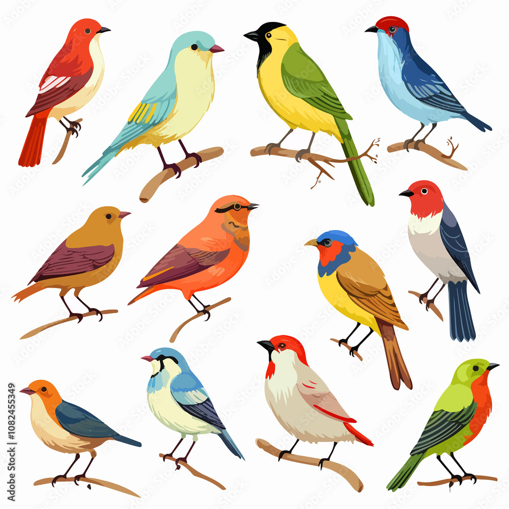 Beautiful Bird Illustrations Set on White Background Beautiful Bird Illustrations Set on White Background