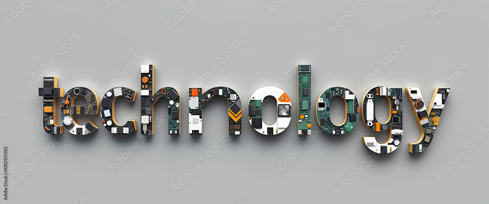 The word technology made out of electronic components on a gray background. The components are arranged in a way that creates a 3D effect, giving the word a unique and eye-catching look. The word technology made out of electronic components on a gray background. The components are arranged in a way that creates a 3D effect, giving the word a unique and eye-catching look.